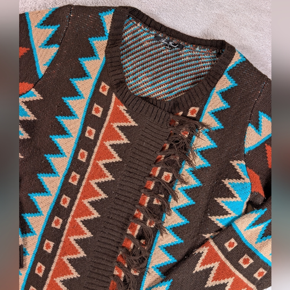 Anne French Women's L‎ Aztec Western Tribal Cardigan Sweater Brown Blue Orange